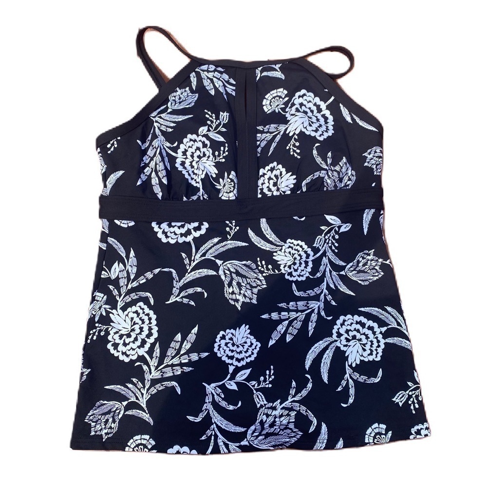 Lands End Tankini Top Sz 6 Black White Floral Leaf Print Swim Suit Bathing